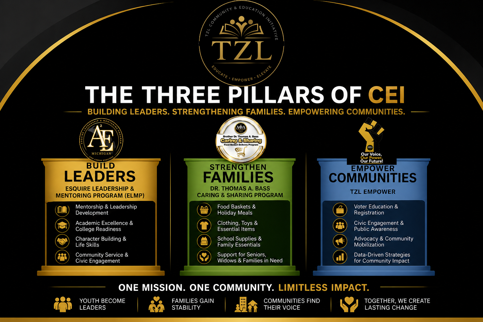 The three pillars of TZL CEI: build leaders, strengthen families, empower communities