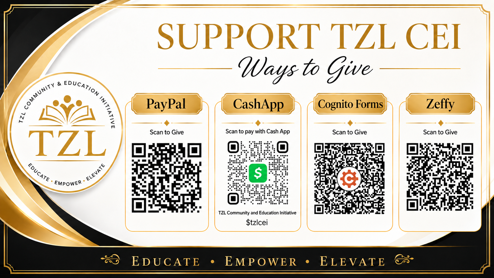 Support TZL CEI Ways to Give poster with PayPal, Cash App, Cognito Forms, and Zeffy QR codes